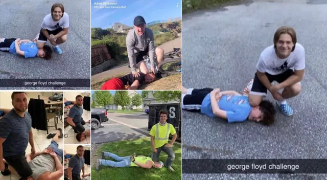 Los participantes del reto sonríen en las fotos mientras se arrodillan sobre el cuello de sus amigos. Los participantes del reto sonríen en las fotos mientras se arrodillan sobre el cuello de sus amigos.