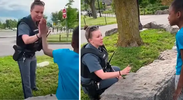 La mujer policía Janine Kloetzer y la pequeña Navaea.