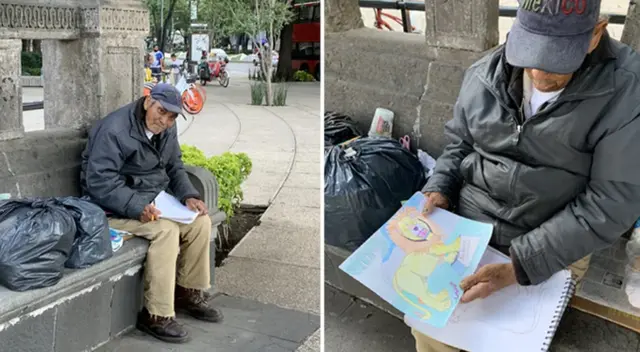 El abuelito vive en la calle y sobrevive con la venta de sus dibujos.