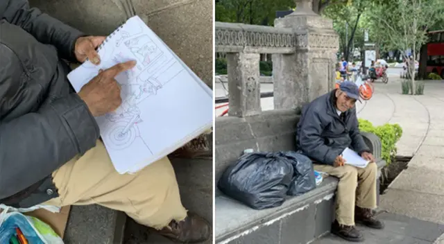 El abuelito vive en la calle y sobrevive con la venta de sus dibujos.
