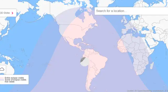 Perú podrá contemplar el eclipse lunar penumbral igual que otros países de América que están en la zona de color fucsia de la imagen.