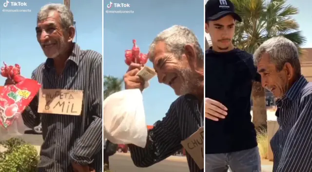 El humilde anciano no pudo evitar contener las lágrimas ante el acto de bondado. El humilde anciano no pudo evitar contener las lágrimas ante el acto de bondado.