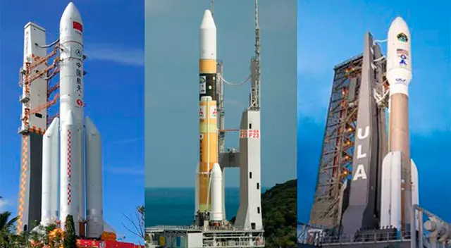 De izquierda a derecha: cohetes que lanzarán naves de China, Emiratos Árabes y Estados Unidos (NASA). De izquierda a derecha: cohetes que lanzarán naves de China, Emiratos Árabes y Estados Unidos (NASA).