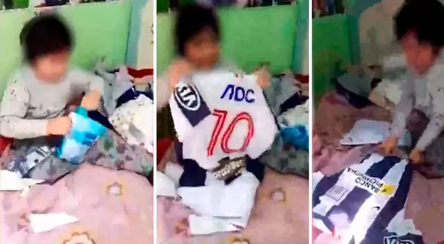 niño blanquiazul quedó contento con su nueva camiseta.