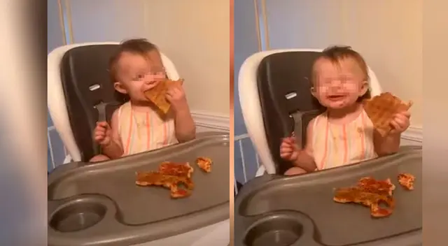 Bebé tiene curiosa reacción al comer un pedazo de pizza por primera vez Bebé tiene curiosa reacción al comer un pedazo de pizza por primera vez