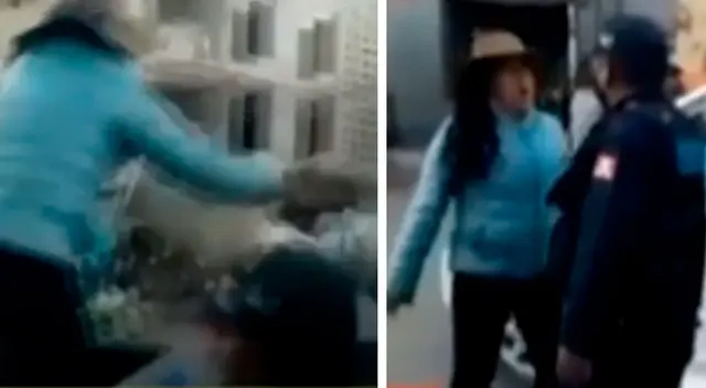 Tras lograr subirla a la camioneta de la Policía, la mujer seguía intentando agredir a los efecivos y arrojó un balde de agua hacia uno de los serenos que se encontraban en la zona. Tras lograr subirla a la camioneta de la Policía, la mujer seguía intentando agredir a los efecivos y arrojó un balde de agua hacia uno de los serenos que se encontraban en la zona.