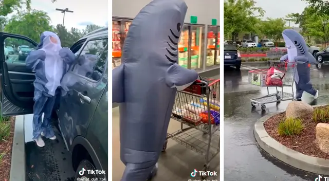 Joven se disfraza de tiburón para ir a comprar al supermercado.