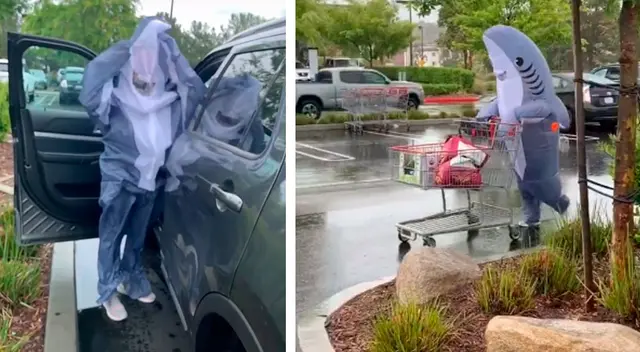 Joven se disfraza de tiburón para ir a comprar al supermercado.
