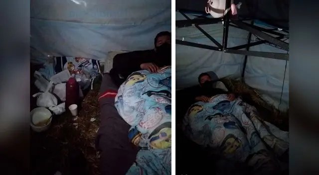 El policía se mantiene dentro de la tienda de campaña soportando las bajas temperaturas de la región que se encuentran por debajo de los 6 grados Celsius y una humedad que supera el 60 % de este invierno. El policía se mantiene dentro de la tienda de campaña soportando las bajas temperaturas de la región que se encuentran por debajo de los 6 grados Celsius y una humedad que supera el 60 % de este invierno.