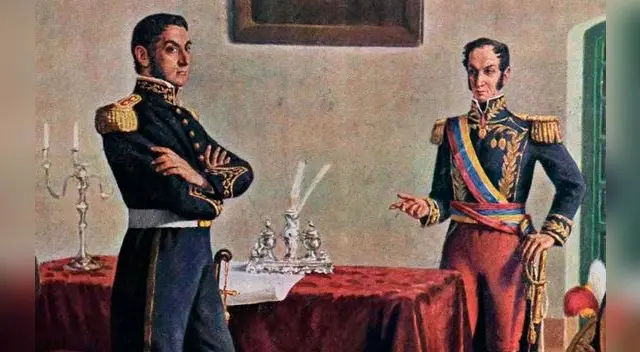 Ilustración del encuentro de José de San Martín y Simón Bolívar en Guayaquil, Ecuador.
