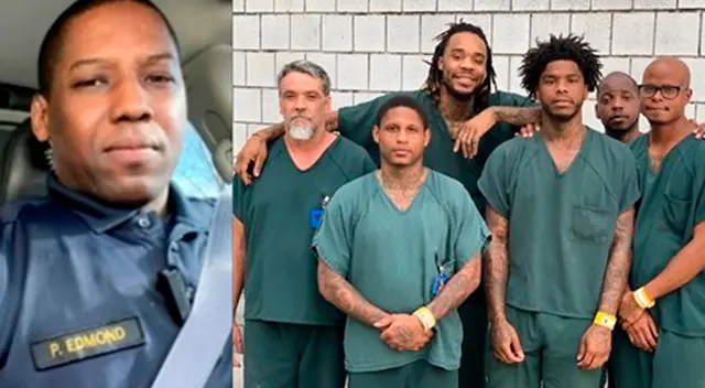 Izq.: El oficial Patrick Edmond. Der.: Reclusos que auxiliaron al agente policial. Izq.: El oficial Patrick Edmond. Der.: Reclusos que auxiliaron al agente policial.