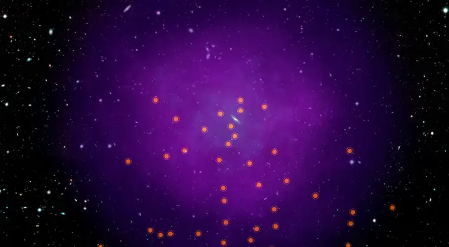 Esta ilustración muestra la ubicación de los 43 cuásares que los científicos usaron para sondear el halo gaseoso de Andrómeda. Esta ilustración muestra la ubicación de los 43 cuásares que los científicos usaron para sondear el halo gaseoso de Andrómeda.