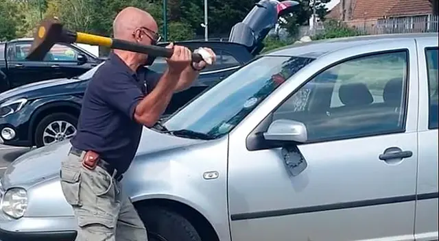 William, al ver a la pequeña Terrier sofocándose, usó su hacha para romper la ventana del asiento del chofer. William, al ver a la pequeña Terrier sofocándose, usó su hacha para romper la ventana del asiento del chofer.