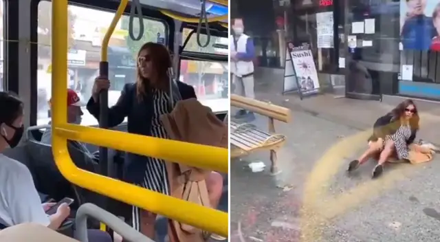 La mujer escupió en la cara de un pasajero y él la empujó del bus. La mujer escupió en la cara de un pasajero y él la empujó del bus.