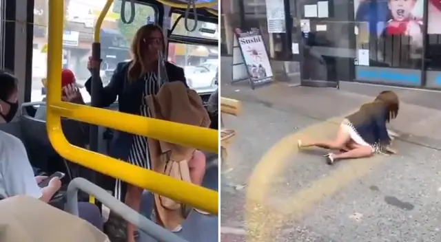 La mujer escupió en la cara de un pasajero y él la empujó del bus. La mujer escupió en la cara de un pasajero y él la empujó del bus.