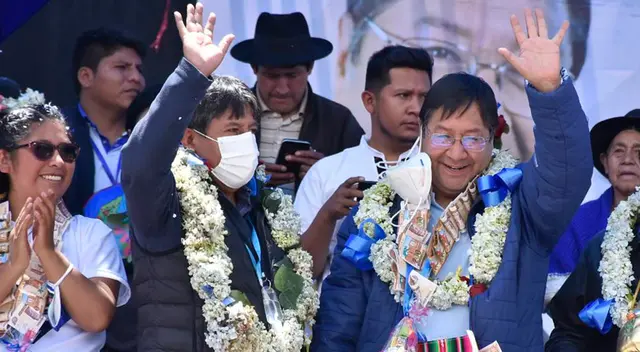 Presidente y Vicepresidente, Luis Arce Catacora y David Choquehuanca celebrando la victoria. Presidente y Vicepresidente, Luis Arce Catacora y David Choquehuanca celebrando la victoria.