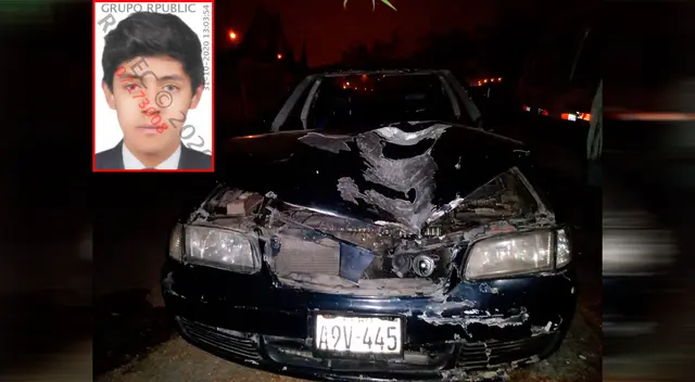 Tras el fuerte impacto, el auto del oficial PNP quedó destrozado. Tras el fuerte impacto, el auto del oficial PNP quedó destrozado.