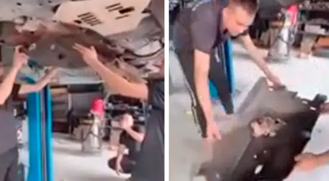 Hombres escuchan un sonido extraño dentro de un auto Hombres escuchan un sonido extraño dentro de un auto