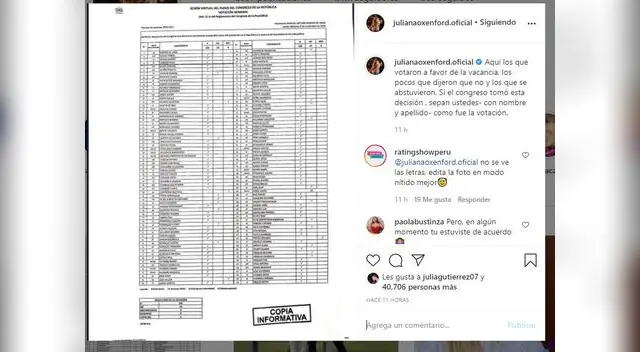 Juliana Oxenford expone a congresistas que votaron a favor de la vacancia presidencial Juliana Oxenford expone a congresistas que votaron a favor de la vacancia presidencial