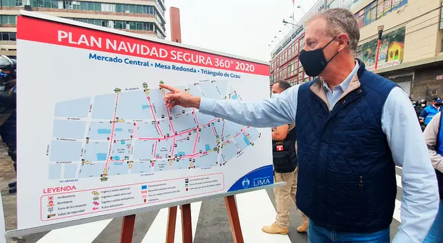 Jorge Muñoz, alcalde de Lima, junto a la PNP establecieron el plan Navidad segura 2020, para asegurar los espacios libres para los transeúntes y comerciantes de las galerías.