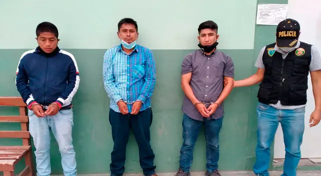 Miguel Medina Benavides (32), Luis Lazaro Yarlaque (34) y Paul Figueroa Maza (26) fueron puestos a disposición del Ministerio Público. Miguel Medina Benavides (32), Luis Lazaro Yarlaque (34) y Paul Figueroa Maza (26) fueron puestos a disposición del Ministerio Público.