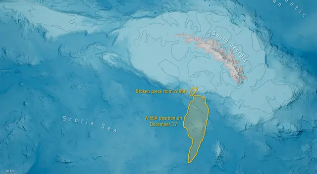 ESA capturó el recorrido del A-68a entre el 29 de noviembre y el 17 de diciembre. ESA capturó el recorrido del A-68a entre el 29 de noviembre y el 17 de diciembre.