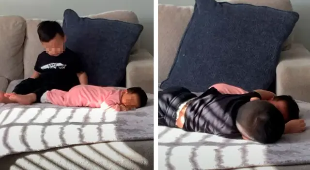 Niño cuida a su hermana recién nacida con mucha paciencia