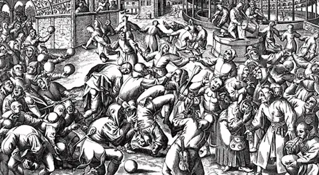 Fiesta de los Locos según Brueghel en un grabado de Van der Heyden. Fiesta de los Locos según Brueghel en un grabado de Van der Heyden.