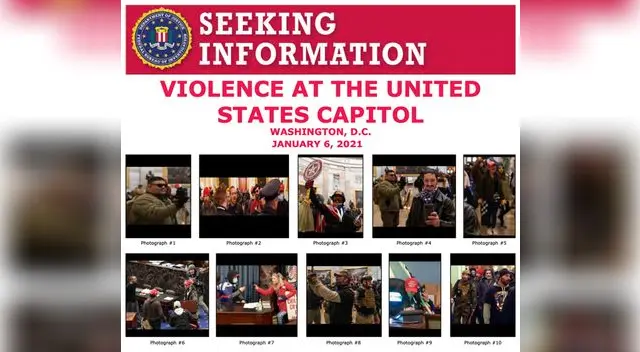 Una ficha difundida por FBI con fotografías de las personas implicadas en el asalto al Capitolio de EE UU. Una ficha difundida por FBI con fotografías de las personas implicadas en el asalto al Capitolio de EE UU.