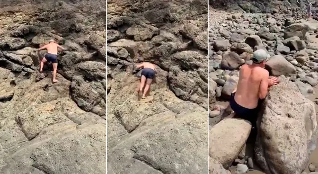 El hombre no calculó sus pasos y terminó por caer del peñasco. El hombre no calculó sus pasos y terminó por caer del peñasco.