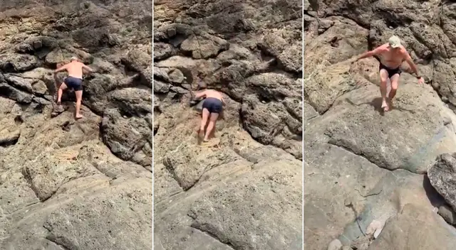 El hombre no calculó sus pasos y terminó por caer del peñasco. El hombre no calculó sus pasos y terminó por caer del peñasco.