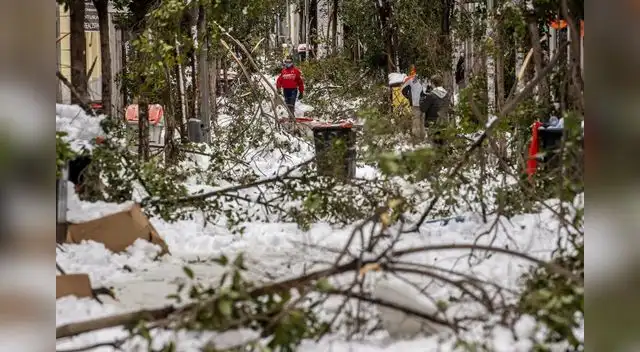 La gente camina por una calle con nieve y ramas de árboles caídos durante una fuerte nevada en el centro de Madrid, España.