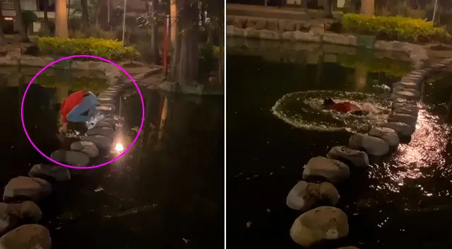 El joven trató de sostenerse del agua, pero finalmente cayó a la laguna. El joven trató de sostenerse del agua, pero finalmente cayó a la laguna.