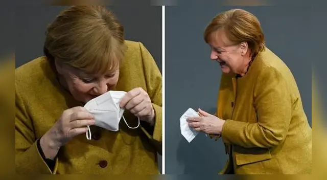 Angela Merkel reaccionó de una forma divertida al ver que había olvidado colocarse nuevamente la mascarilla. (Foto: Tobia Schwarz | AFP)