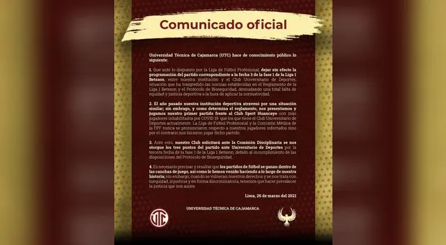 UTC pide puntos del partido suspendido con Universitario. UTC pide puntos del partido suspendido con Universitario.