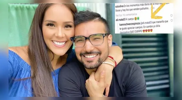 Karen Schwarz responde a usuario que criticó el físico de Ezio Oliva. Karen Schwarz responde a usuario que criticó el físico de Ezio Oliva.