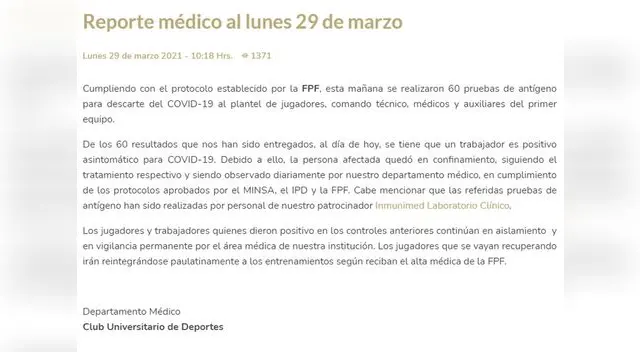 Reporte médico de Universitario. Foto: Universitario Reporte médico de Universitario. Foto: Universitario