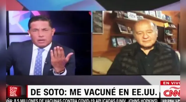 Hernando de Soto no especificó en qué estado de EE.UU. fue vacunado contra la COVID-19, pese a que el periodista de CNN se lo preguntó reiteradas veces. Hernando de Soto no especificó en qué estado de EE.UU. fue vacunado contra la COVID-19, pese a que el periodista de CNN se lo preguntó reiteradas veces.