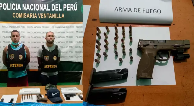 Los detenidos y el arma robada a PNP