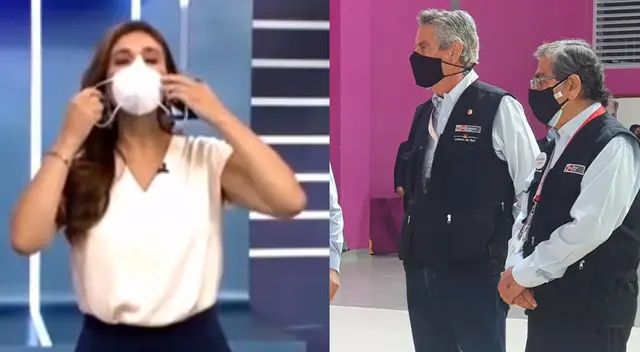 Verónica Linares le enseña a Francisco Sagasti cómo debería ponerse la mascarilla.