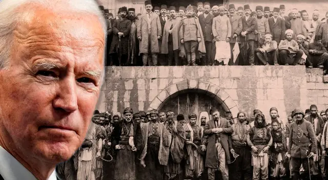 Arriba: el gobernador otomano Haydar Pasha con sus soldados. Abajo: armenios antes de ser ejecutados. Abril, 1915.