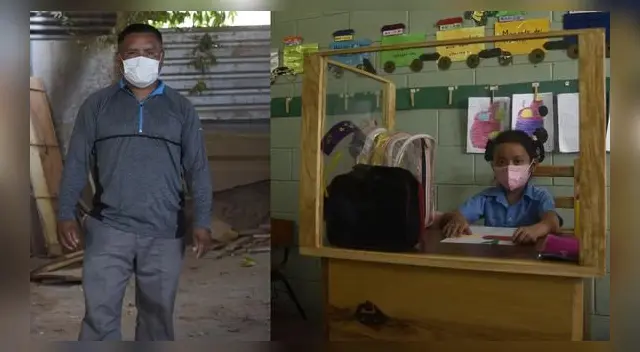 El Salvador: padre carpintero construye un pupitre especial para proteger a su hija de la COVID-19.