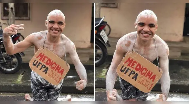 En una de las fotos se le ve arrodillado con un cartel colgando de sus cuello que dice "Medicina UFPA 2021", lleno de polvo blanco tras el festejo por su ingreso. En una de las fotos se le ve arrodillado con un cartel colgando de sus cuello que dice "Medicina UFPA 2021", lleno de polvo blanco tras el festejo por su ingreso.