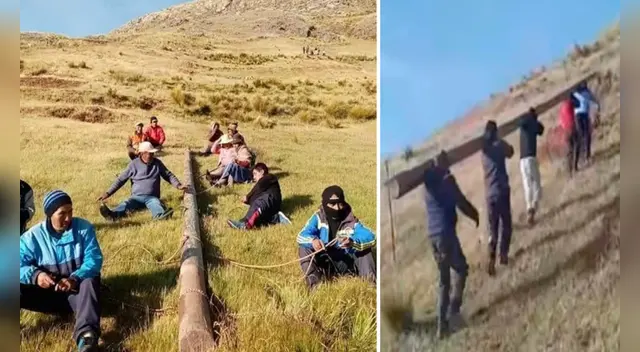 Padres de familia trasladaron poste por la empinada pendiente de la montaña Patapata.