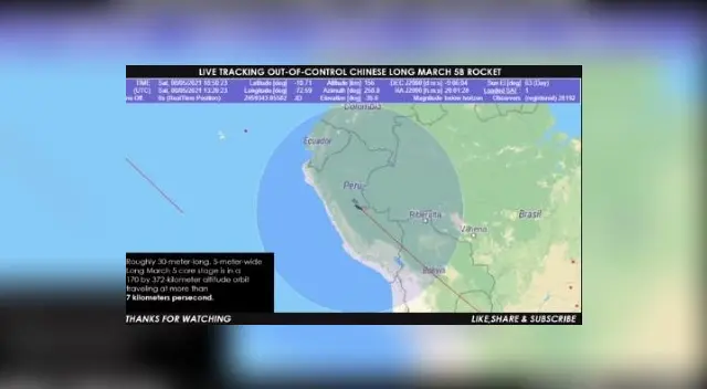 Se estima que el cohete chino fuera de control ingresará a la atmósfera entre la noche de este sábado y del domingo. Se estima que el cohete chino fuera de control ingresará a la atmósfera entre la noche de este sábado y del domingo.