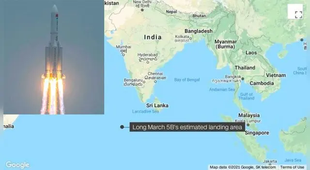 Los restos del cohete espacial chino reportado fuera de control caen al océano Índico sin causar daños.