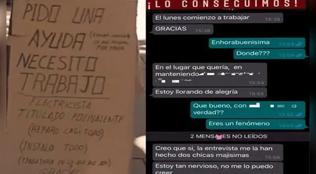 Electricista encuentra trabajo luego que un joven compartió en redes cartel donde ofrecía sus servicios.