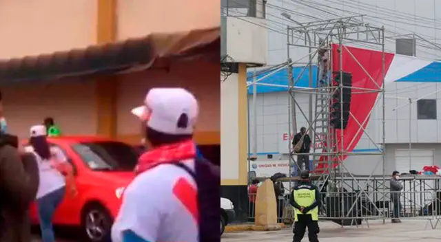 Arman estrado para debate presidencial en exteriores del penal de mujeres.