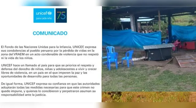 Unicef califica el atentado terrorista de Sendero en el Vraem como un “acto condenable de violencia”.