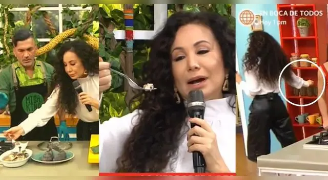 Janet Barboza prueba la carachama en vivo, pero luego hizo un gesto y lo deja en un estante.